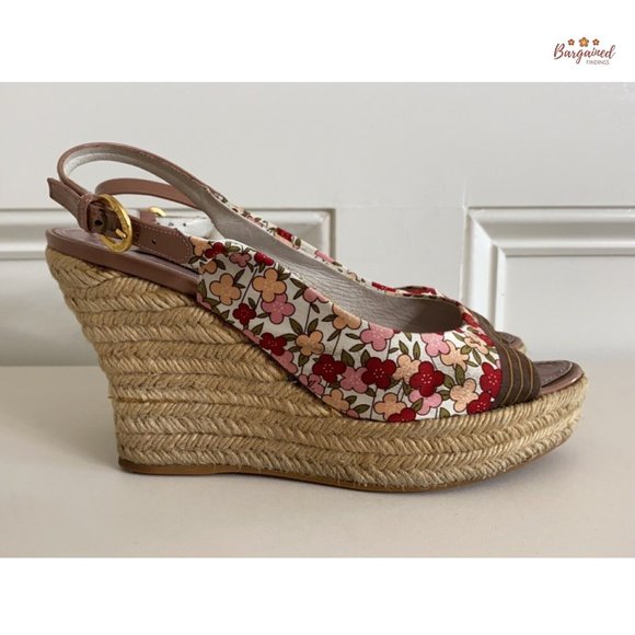 Auth LOUIS VUITTON Floral Satin Fabric Patent Ankle Strap Espadrille Wedge 7.5 - Picture 13 of 15